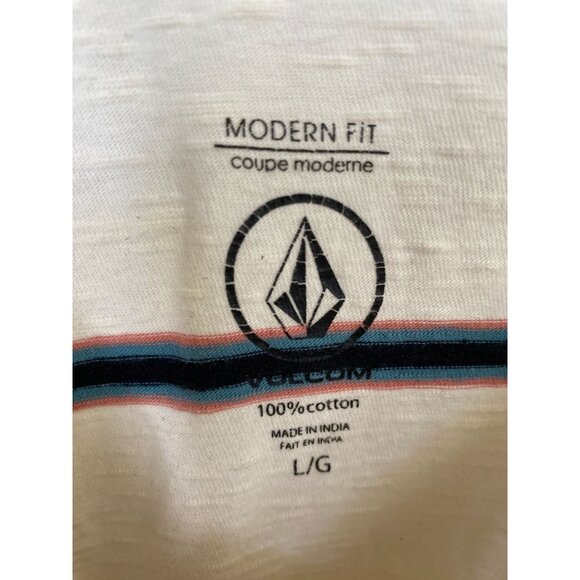 Volcom Modern Fit Striped Mens White T-Shirt Chest Pocket L Casual Cotton Cream - Picture 3 of 7
